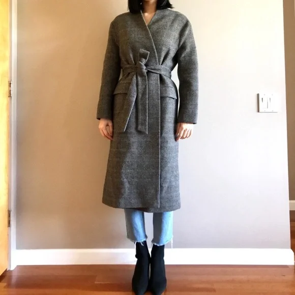 Zara wool belted coat herringbone check print grey - Picture 7 of 7